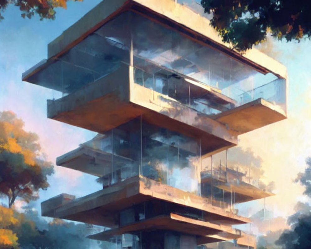 Futuristic multi-level glass house in serene natural setting
