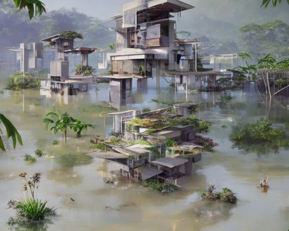 Dilapidated futuristic buildings in flooded landscape with fishing person