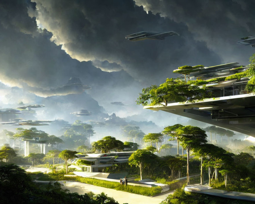 Futuristic cityscape with greenery, advanced architecture, stormy sky, and flying vehicles