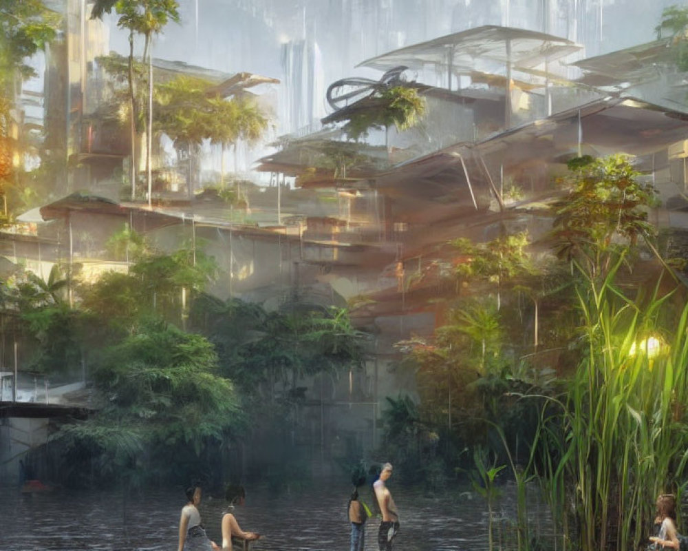 Futuristic multi-level buildings in lush, misty setting with waterfalls