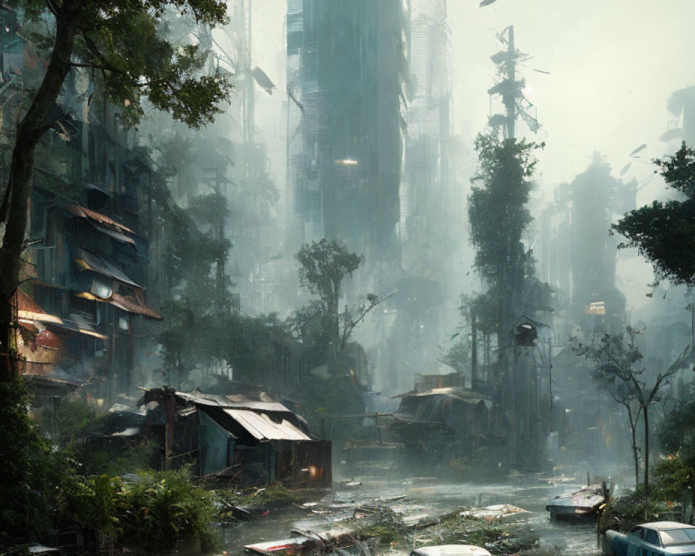 Derelict cityscape with overgrown vegetation and abandoned cars amid futuristic structures