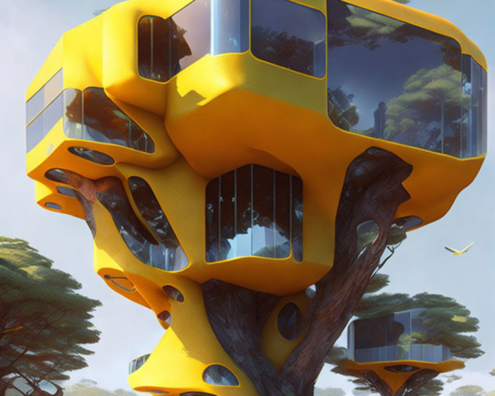Yellow futuristic treehouse with large windows in sunlit forest