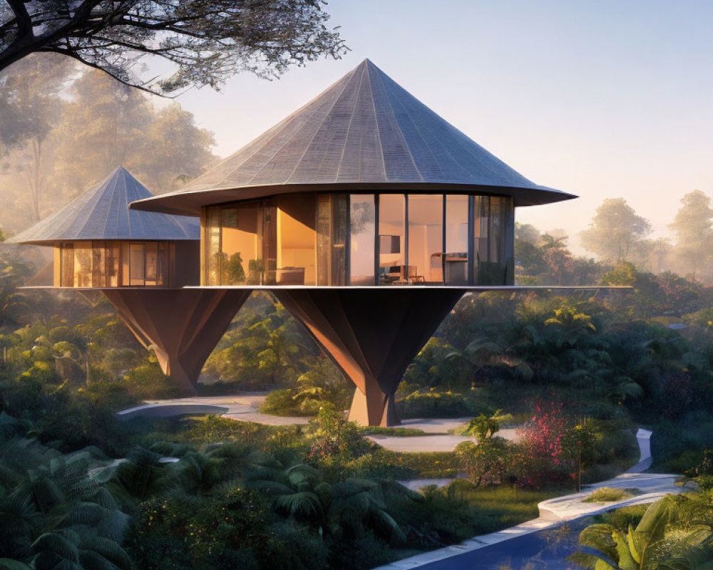 Pyramid-shaped glass homes in lush green setting with water body