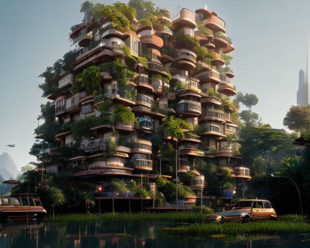 Futuristic eco-friendly building in flooded cityscape with greenery