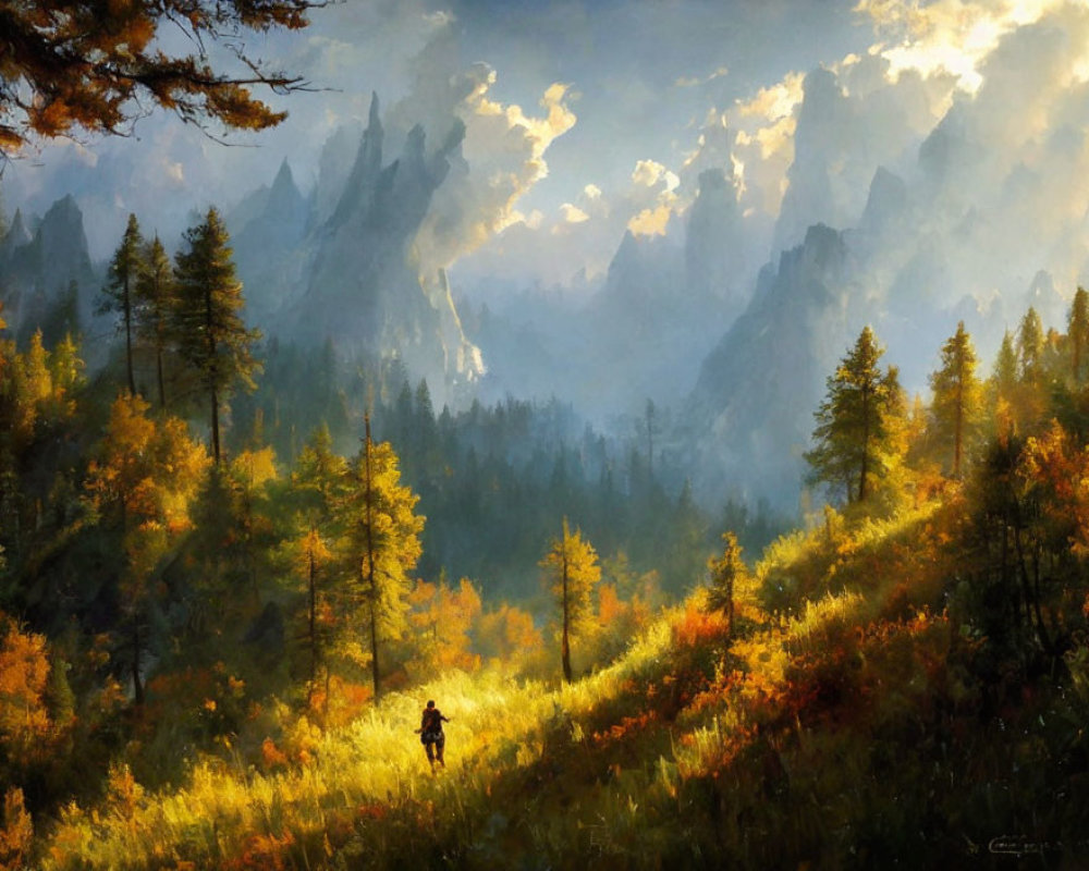 Autumnal forest scene with lone figure and mist-covered mountains
