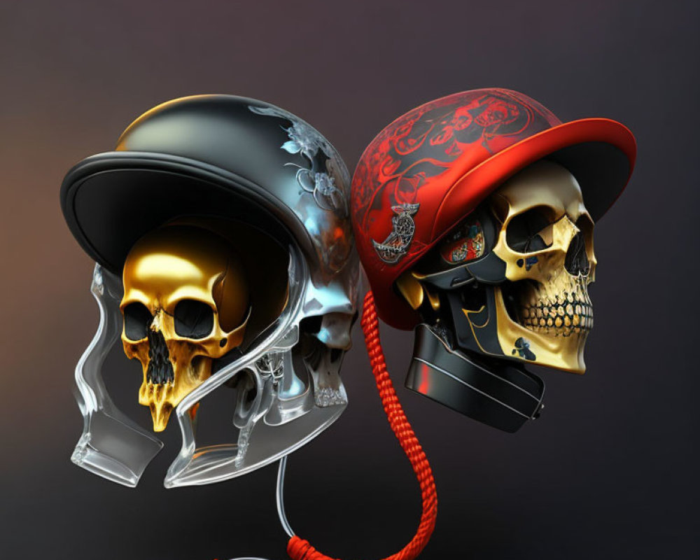 Ornate Military Skulls with Red and Black Caps and Headphones