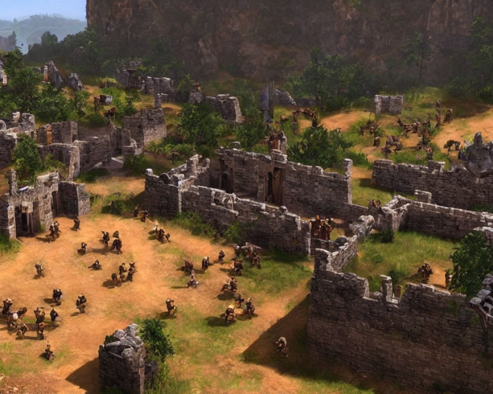 Medieval-themed strategy game screenshot: ancient battlefield with ruins, soldiers, and siege weaponry on hilly