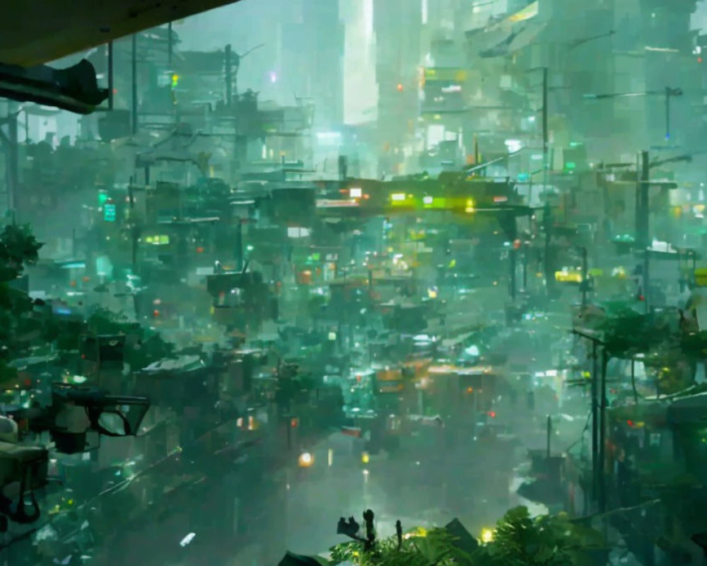 Dense futuristic cityscape with neon signs and green-tinted haze
