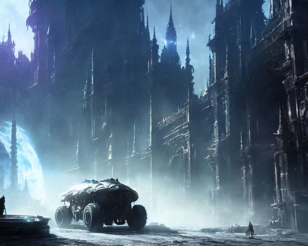 Futuristic vehicle in gothic cityscape with towering spires and blue light portal
