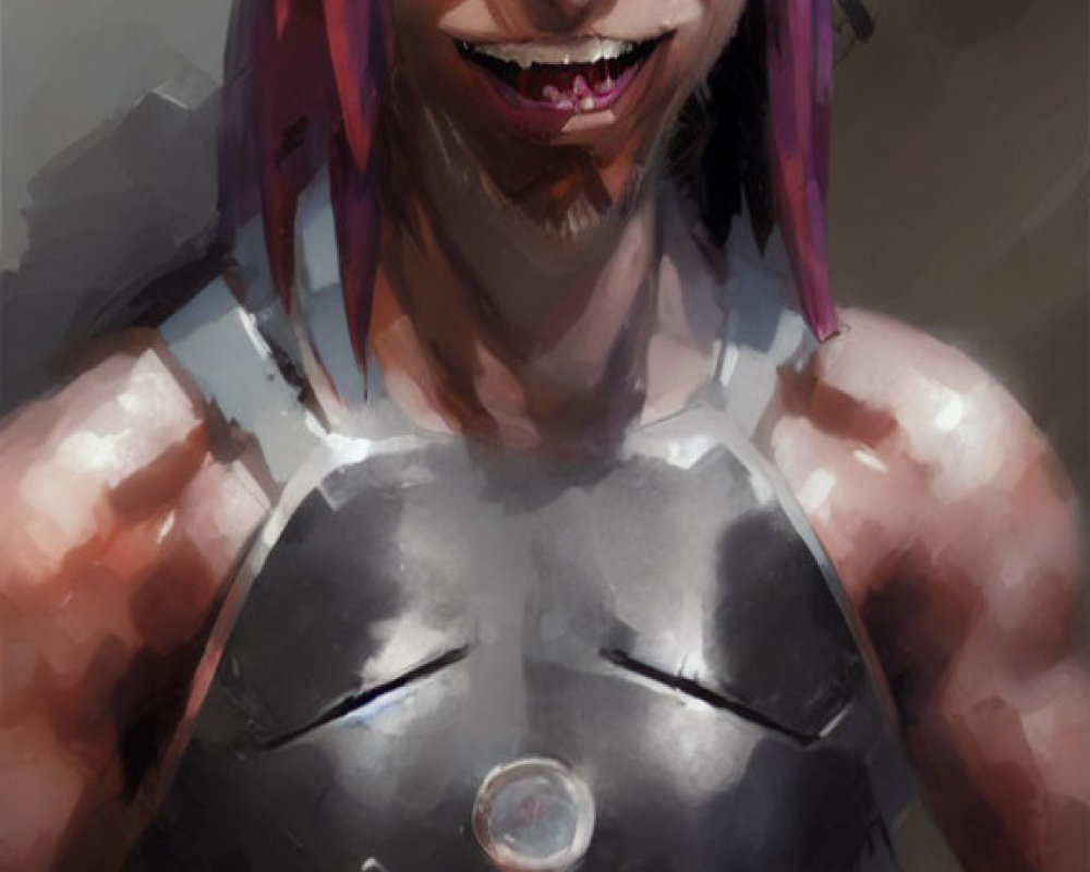 Grinning character with purple hair and sharp teeth in tank top with circular emblem
