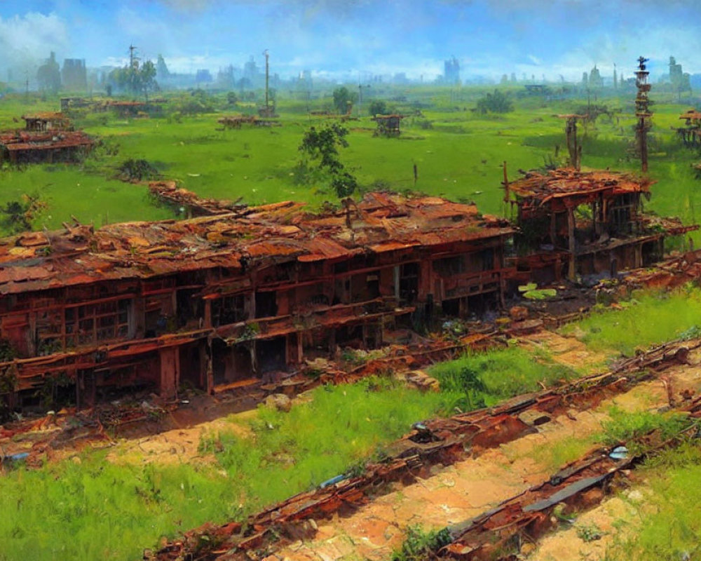 Abandoned red-brick buildings in rustic countryside scene