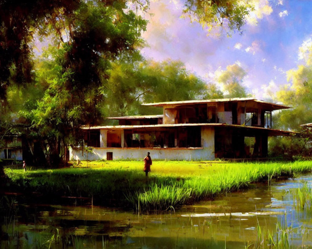 Tranquil painting of person by lush riverside with abandoned house