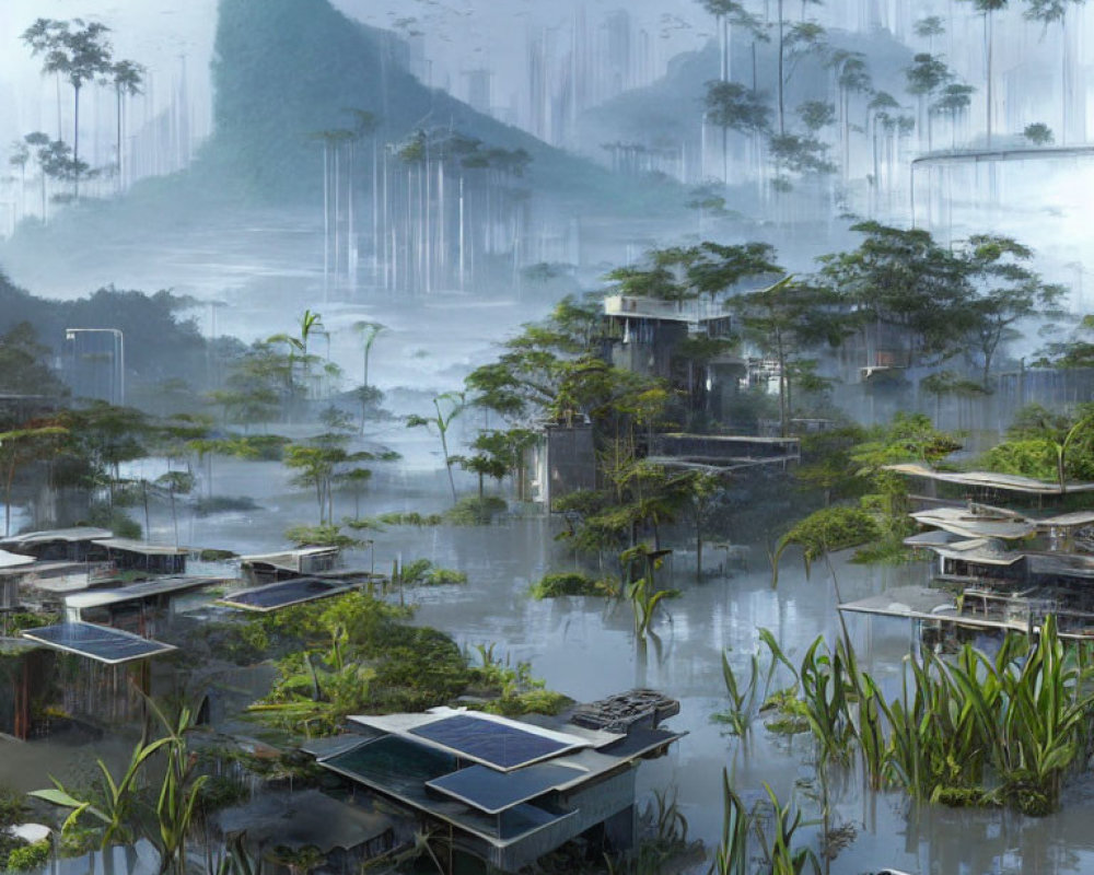 Futuristic swamp settlement with solar panels and modern structures in misty waters.