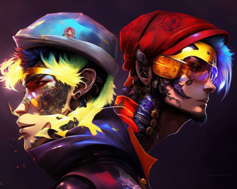 Colorful Side-Profile Portraits with Pirate and Mechanical Themes