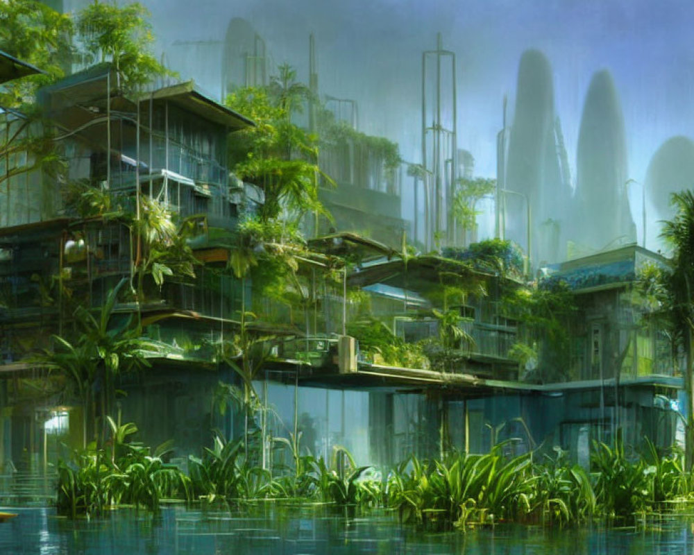 Futuristic multi-level buildings surrounded by lush greenery and misty forested backdrop