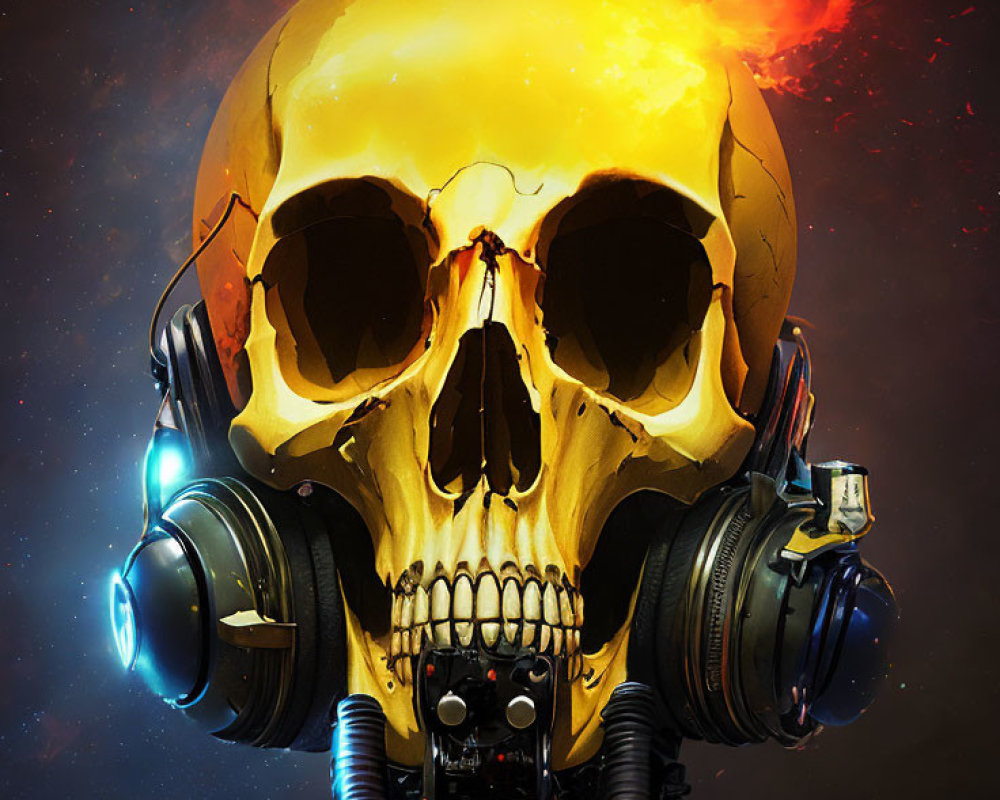 Skull with cybernetic enhancements and glowing eyes in fiery nebula.