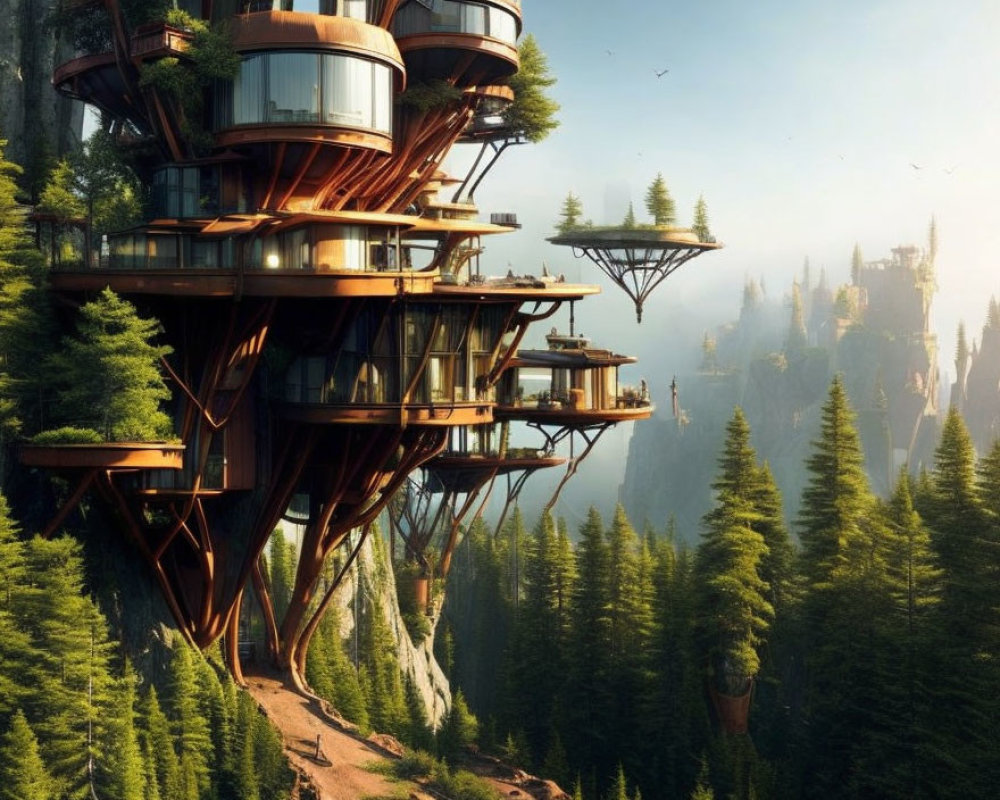 Futuristic multi-level treehouse with glass walls in forest landscape