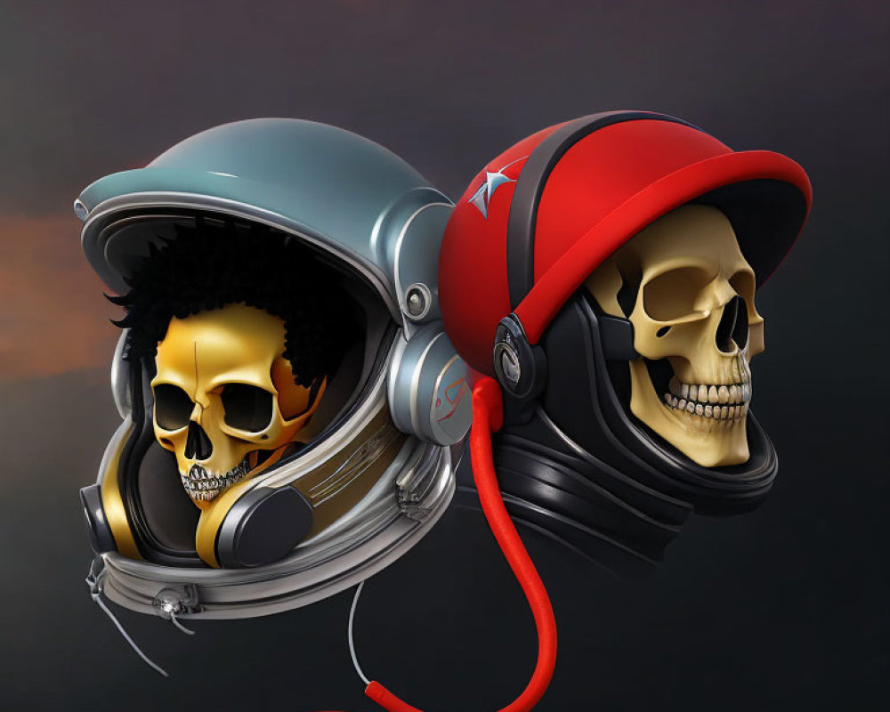 Stylized skull illustrations in astronaut and pilot helmets with red audio cable on dark background