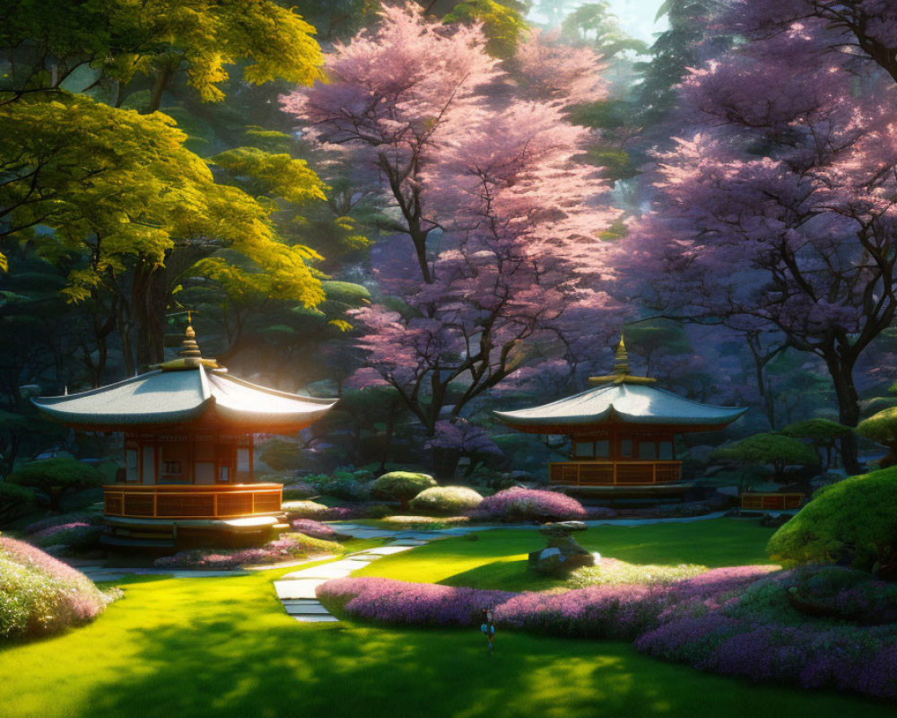 Tranquil Japanese garden with cherry blossoms and traditional pavilions