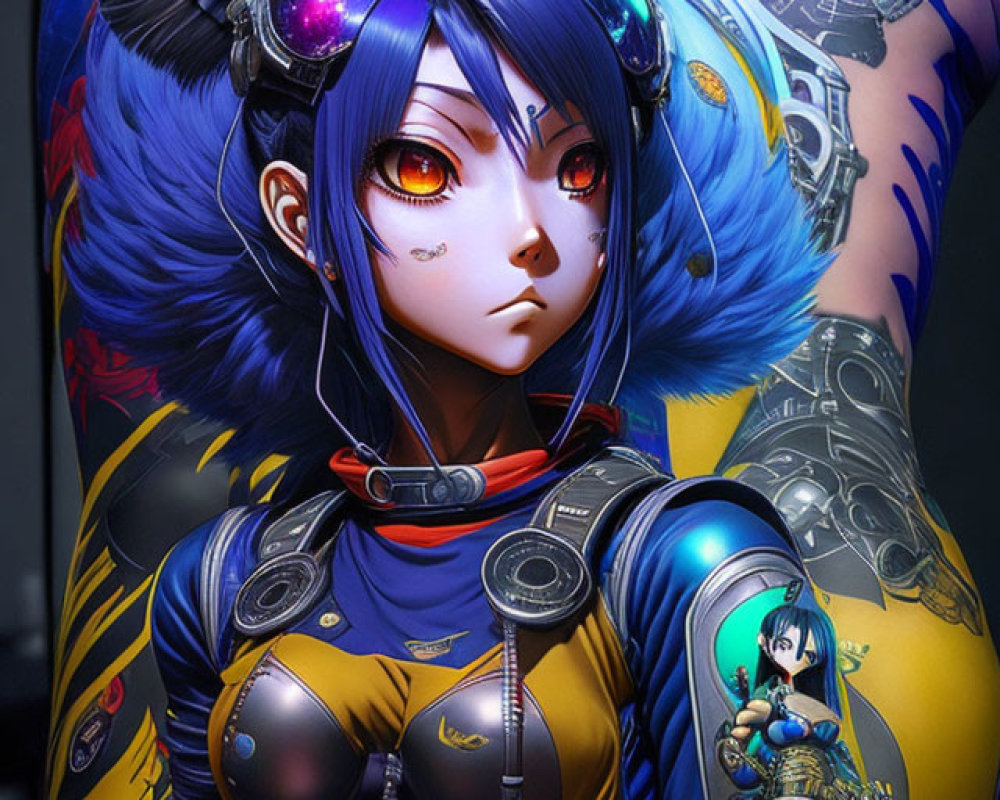 Female character with blue hair in futuristic armor and glowing mechanical details on dark background