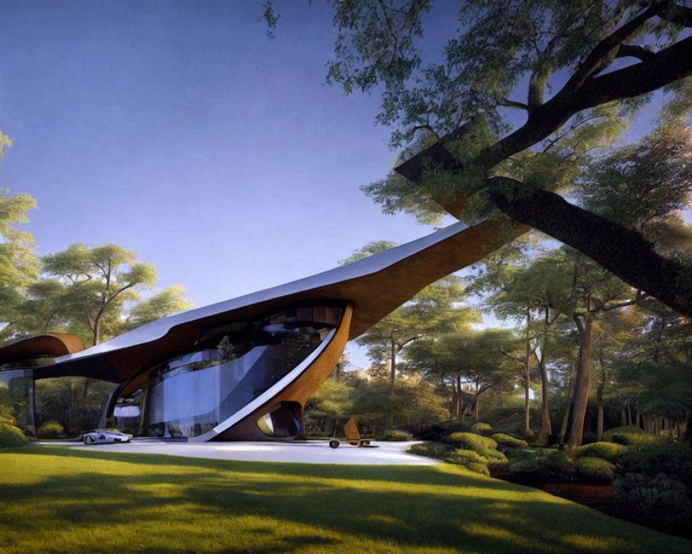 Curved modern architectural structure in lush forest setting