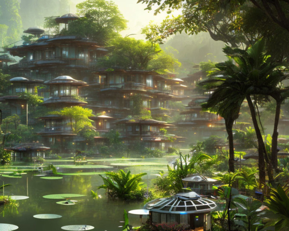 Futuristic treehouse-style buildings in lush jungle with serene waterway