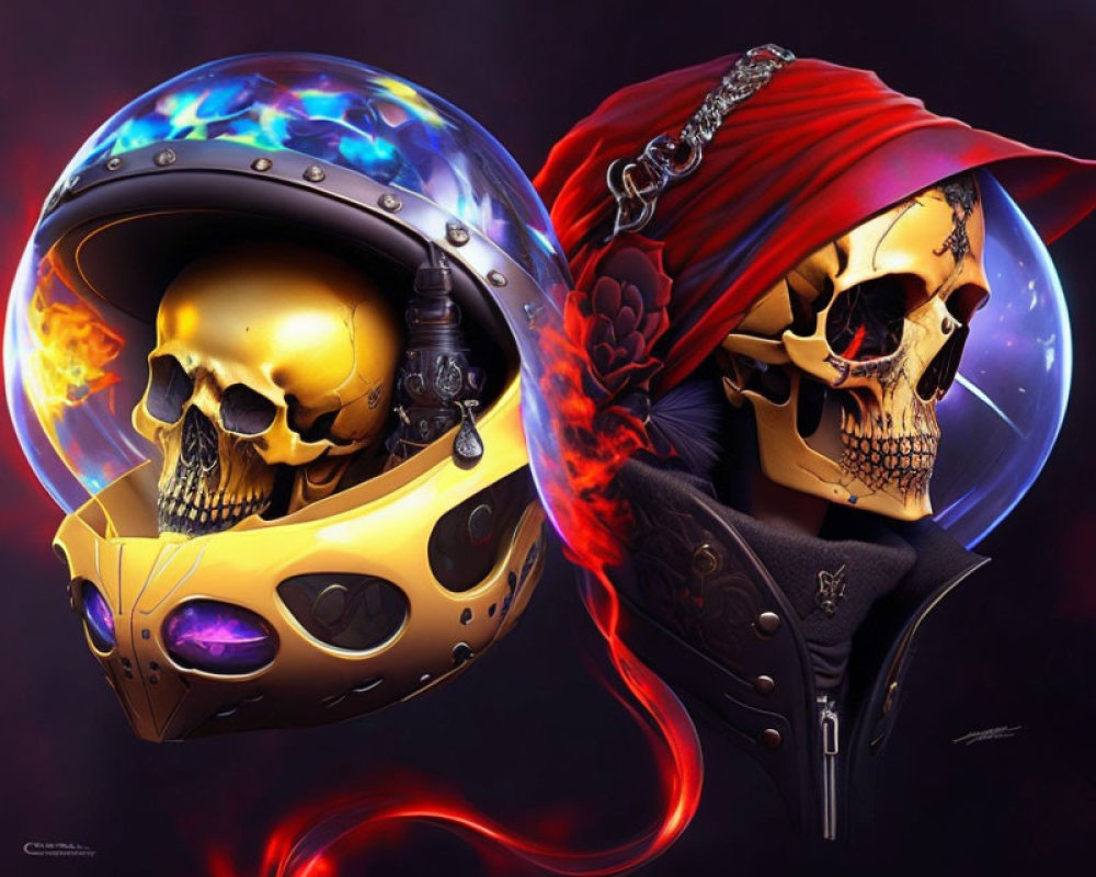 Stylized skulls with helmets: golden visor with blue flames, red hood with red flames on