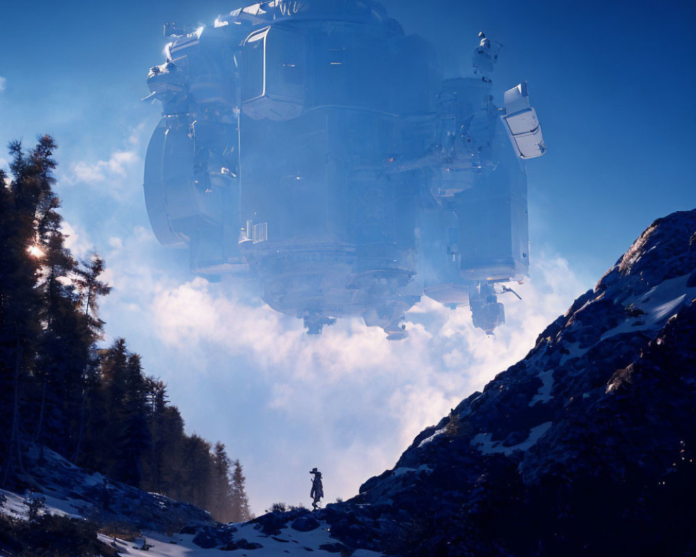Futuristic spaceship above snowy mountain with lone figure