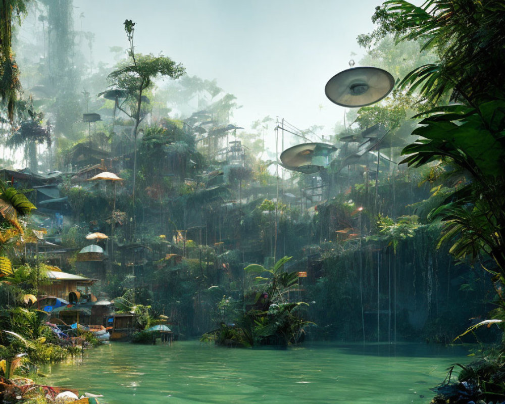 Futuristic village in lush green forest with waterfalls