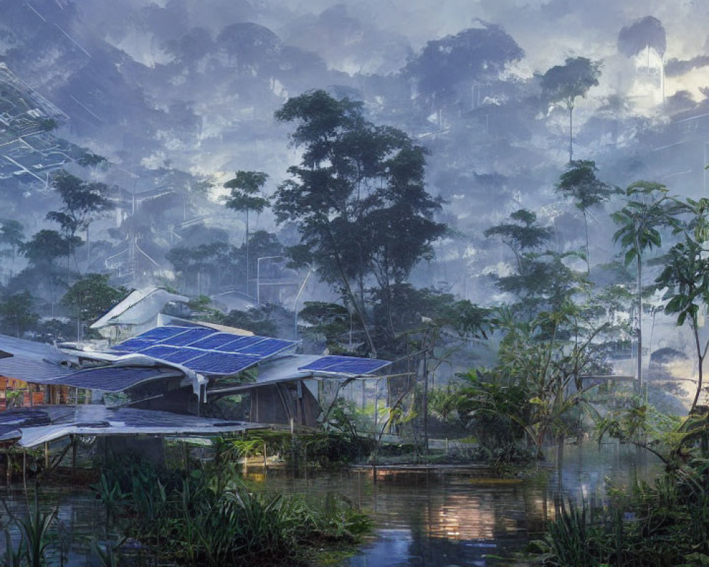 Futuristic village with solar panels in lush forest and waterways