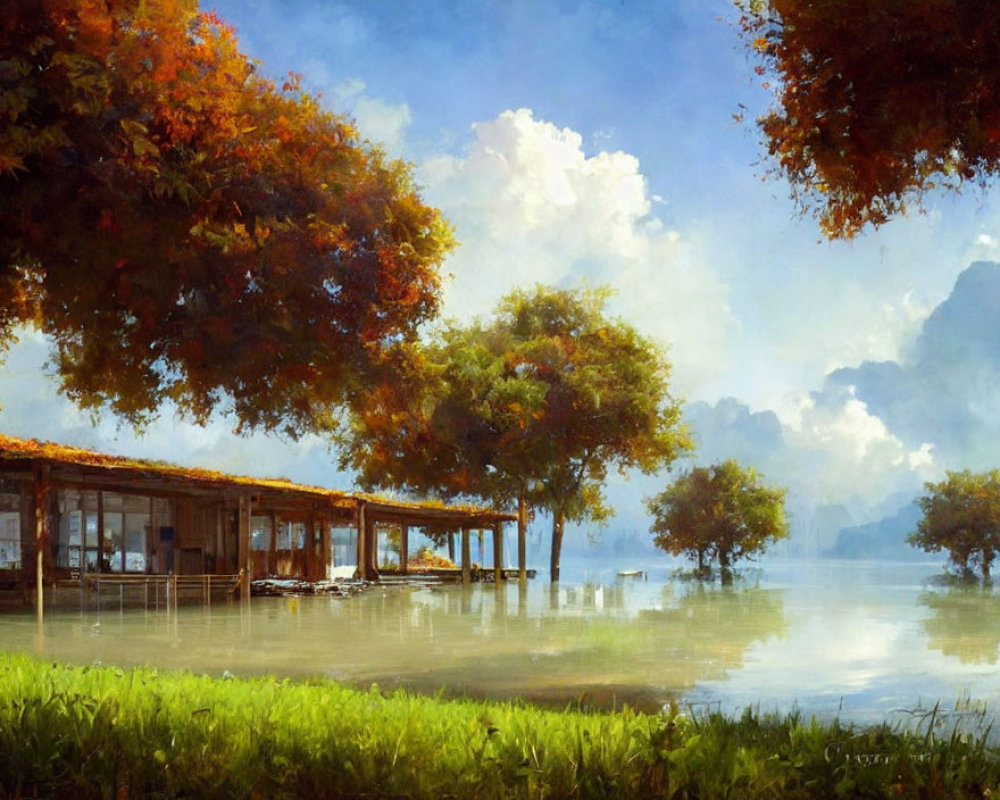 Autumn lakeside landscape with wooden house and clear water