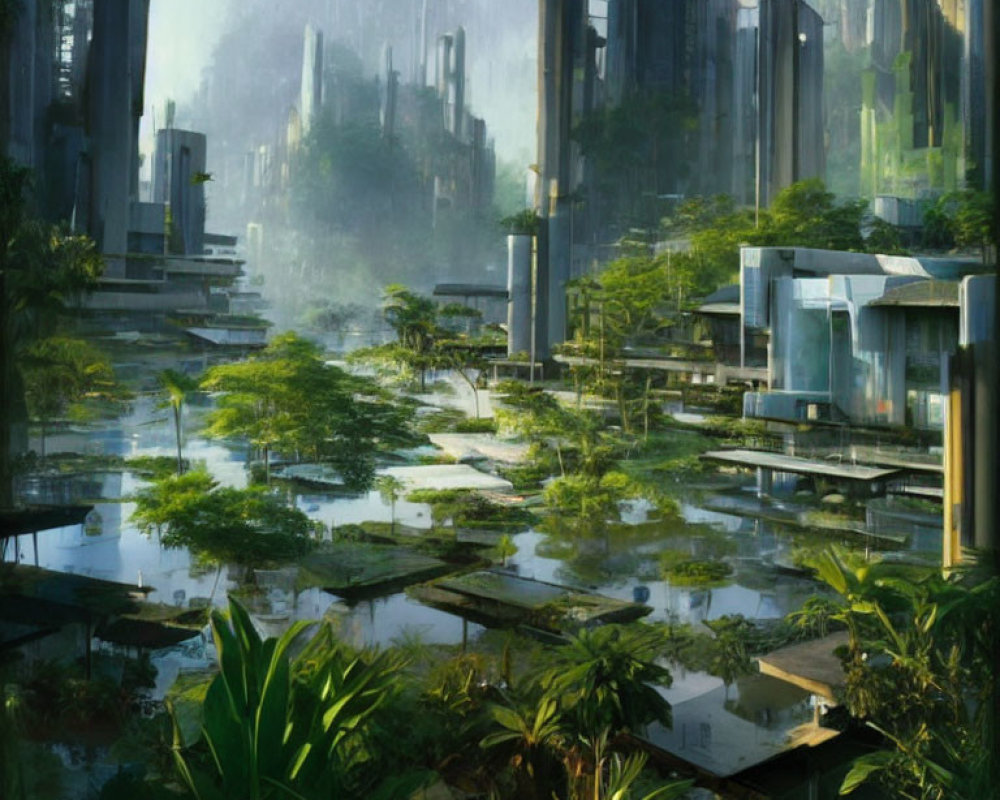 Abandoned futuristic city ruins overtaken by lush vegetation