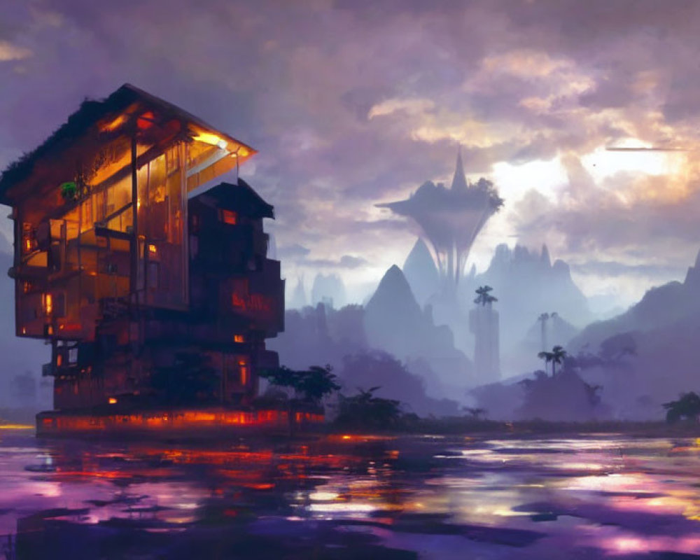 Futuristic multi-story building above water at twilight with mountains and advanced structures in the background