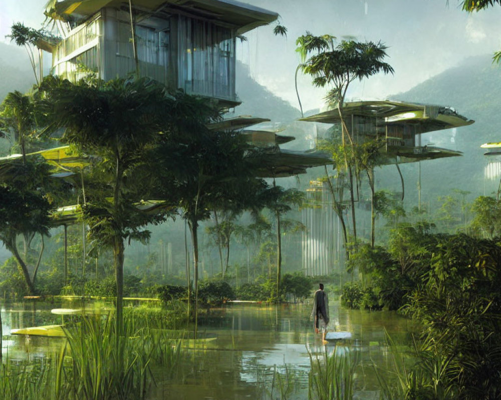 Person walking in shallow water towards futuristic treehouse buildings in misty forest.