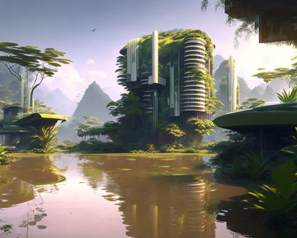 Futuristic buildings blending with lush jungle in misty setting