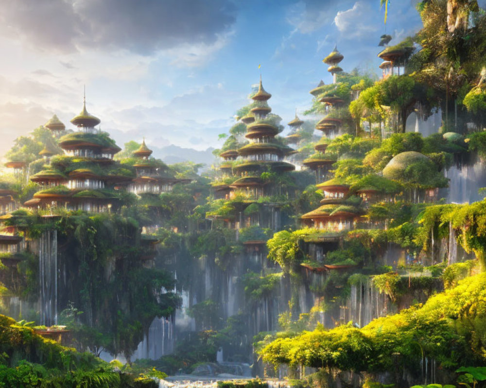 Lush landscape with waterfalls, pagodas, and golden light