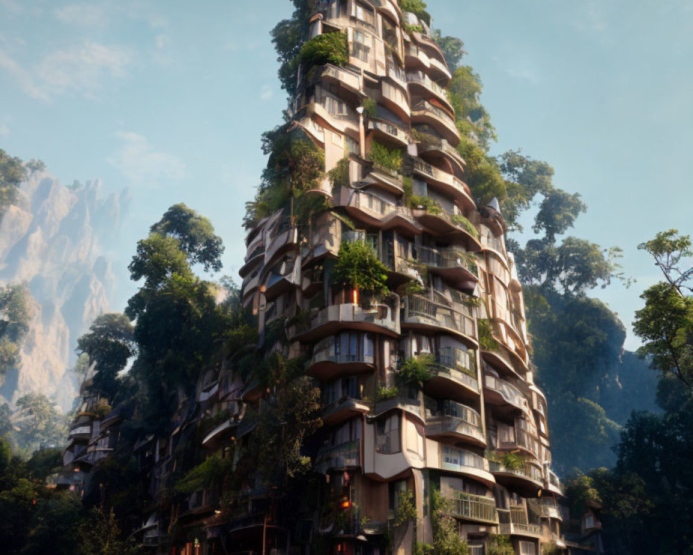 Eco-Friendly High-Rise Building with Green Balconies in Forest Setting