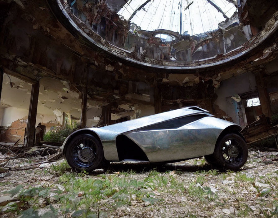 Futuristic car in abandoned building with dome skylight & vegetation