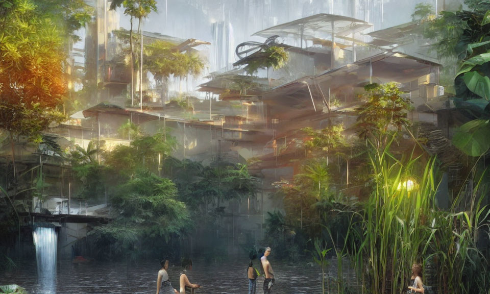 Futuristic multi-level buildings in lush, misty setting with waterfalls