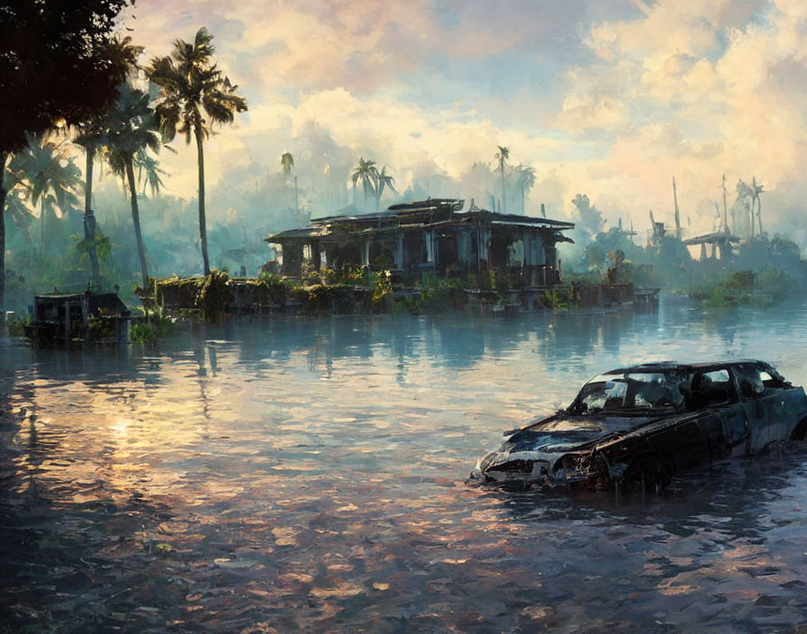 Sunset flooded landscape with submerged car and dilapidated buildings