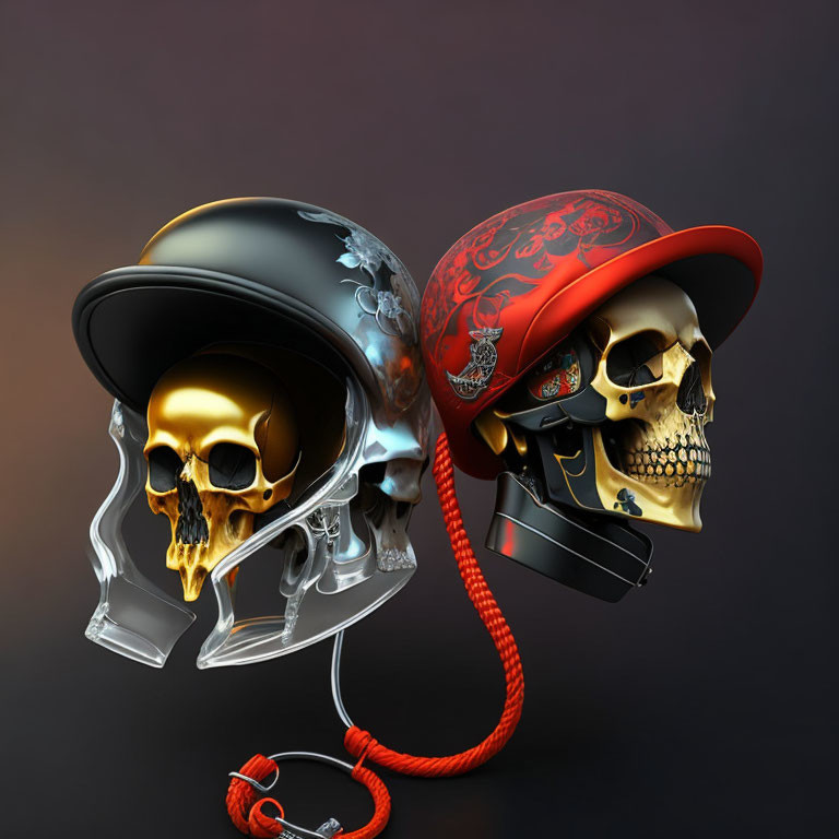 Ornate Military Skulls with Red and Black Caps and Headphones