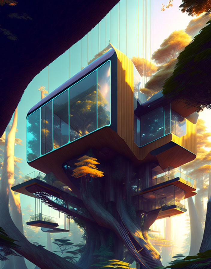 Futuristic treehouse with large glass windows in surreal forest