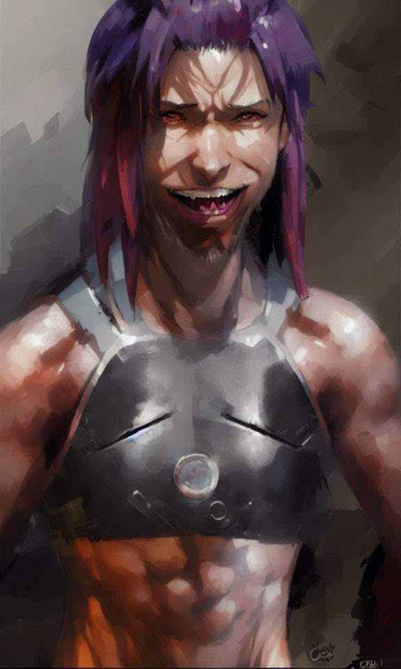 Grinning character with purple hair and sharp teeth in tank top with circular emblem