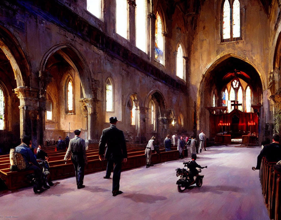 Sunlit church interior with arched windows, columns, pews, visitors seated and walking, child