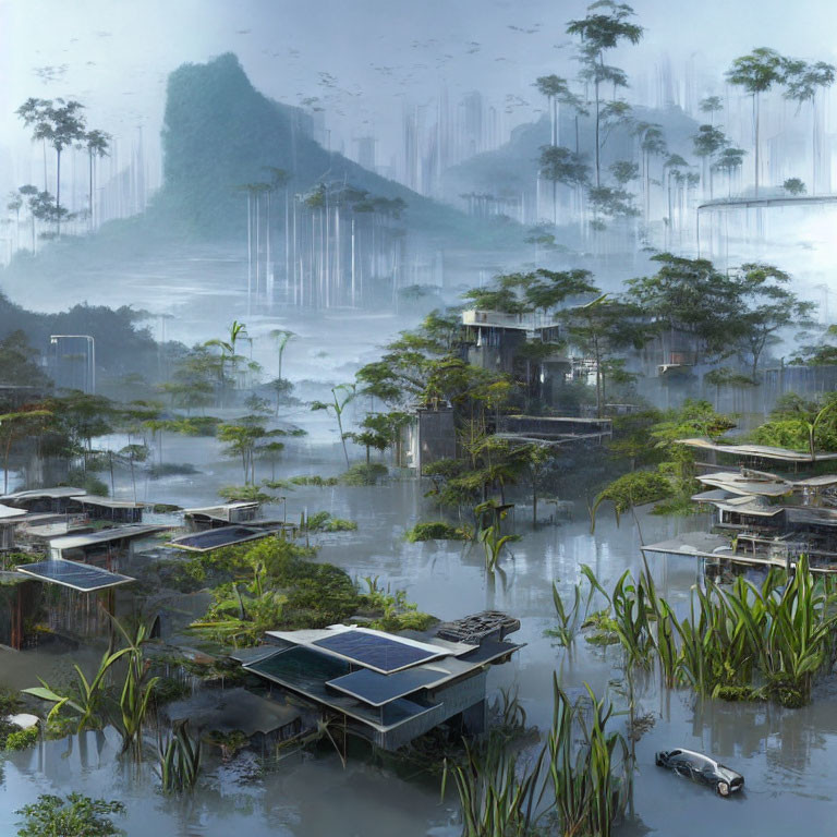 Futuristic swamp settlement with solar panels and modern structures in misty waters.