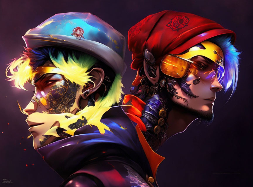 Colorful Side-Profile Portraits with Pirate and Mechanical Themes