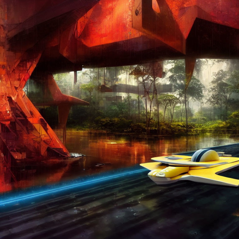 Yellow hovercraft near red structure in misty forest with sun rays