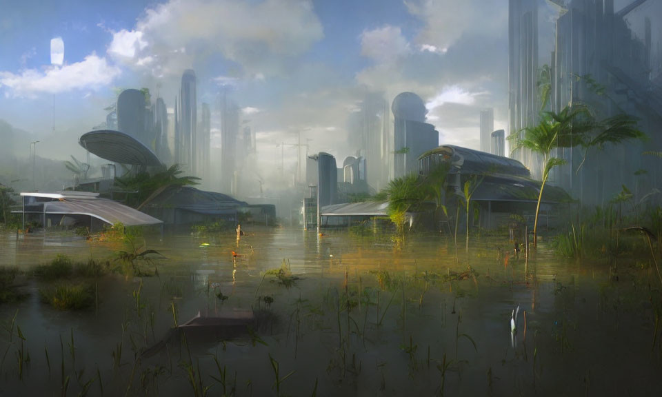 Futuristic cityscape with skyscrapers, greenery, flooded streets, sunlight reflections