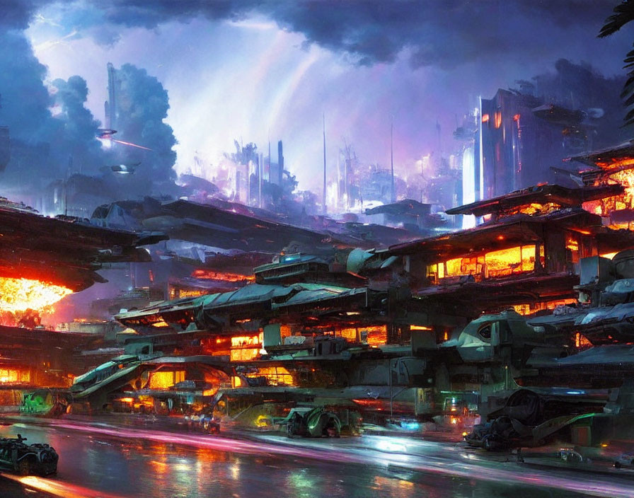Futuristic night cityscape with skyscrapers, flying vehicles, and neon lights