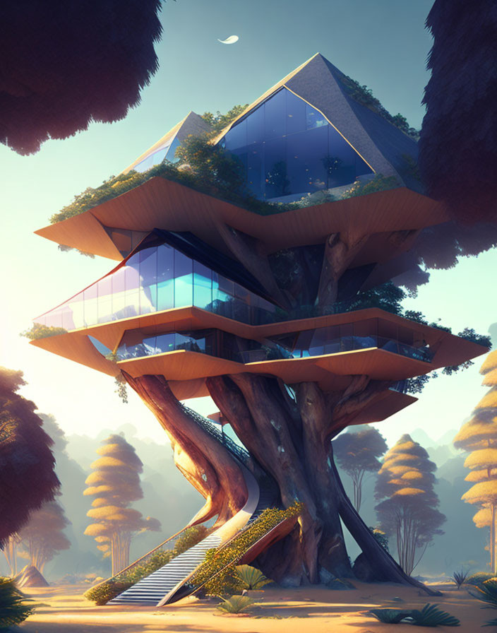 Glass-walled futuristic treehouse at sunrise with spiral staircase and crescent moon